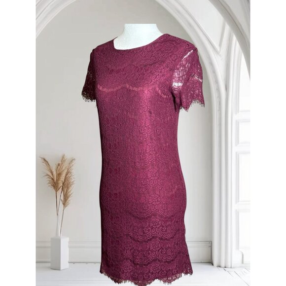Lulus XS Remarkable Burgundy Lace Short Sleeve Sheath Dress With Floral Pattern - Picture 4 of 9